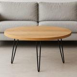 Mesa de Centro Redonda Madeira Carvalho Pés Hairpin 80cm
