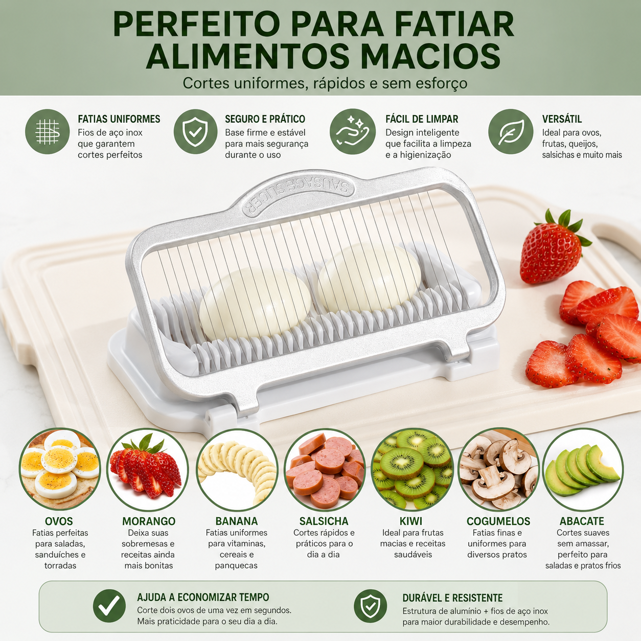Fatiador Multiuso PremiumSlice™ | Corte Uniforme para Ovos, Frutas, Queijos e Alimentos Macios