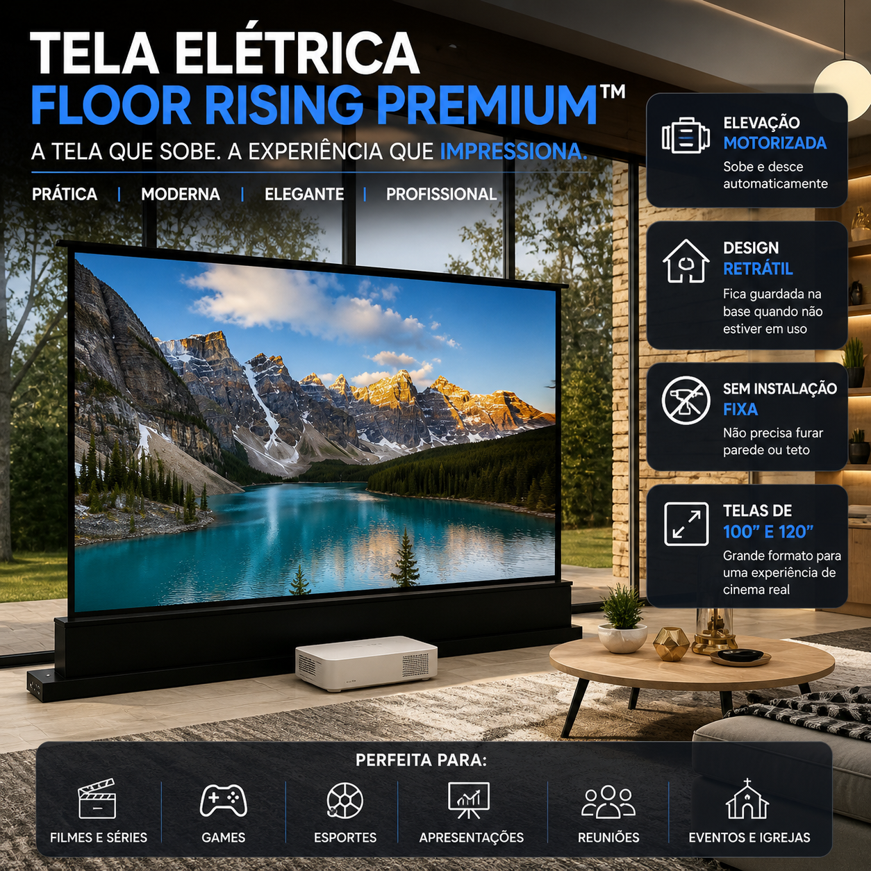 Tela de Projeção Elétrica Floor Rising Premium™ | 100” a 120” Retrátil, Motorizada e Portátil