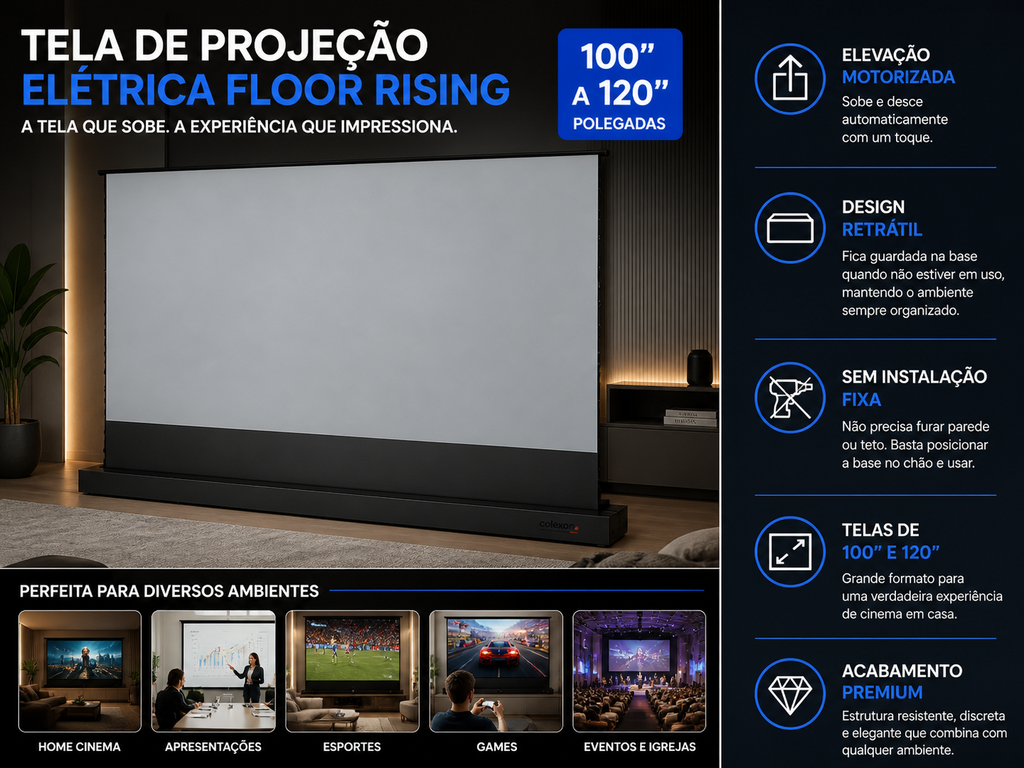Tela de Projeção Elétrica Floor Rising Premium™ | 100” a 120” Retrátil, Motorizada e Portátil