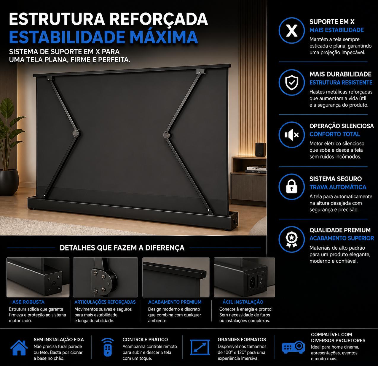 Tela de Projeção Elétrica Floor Rising Premium™ | 100” a 120” Retrátil, Motorizada e Portátil