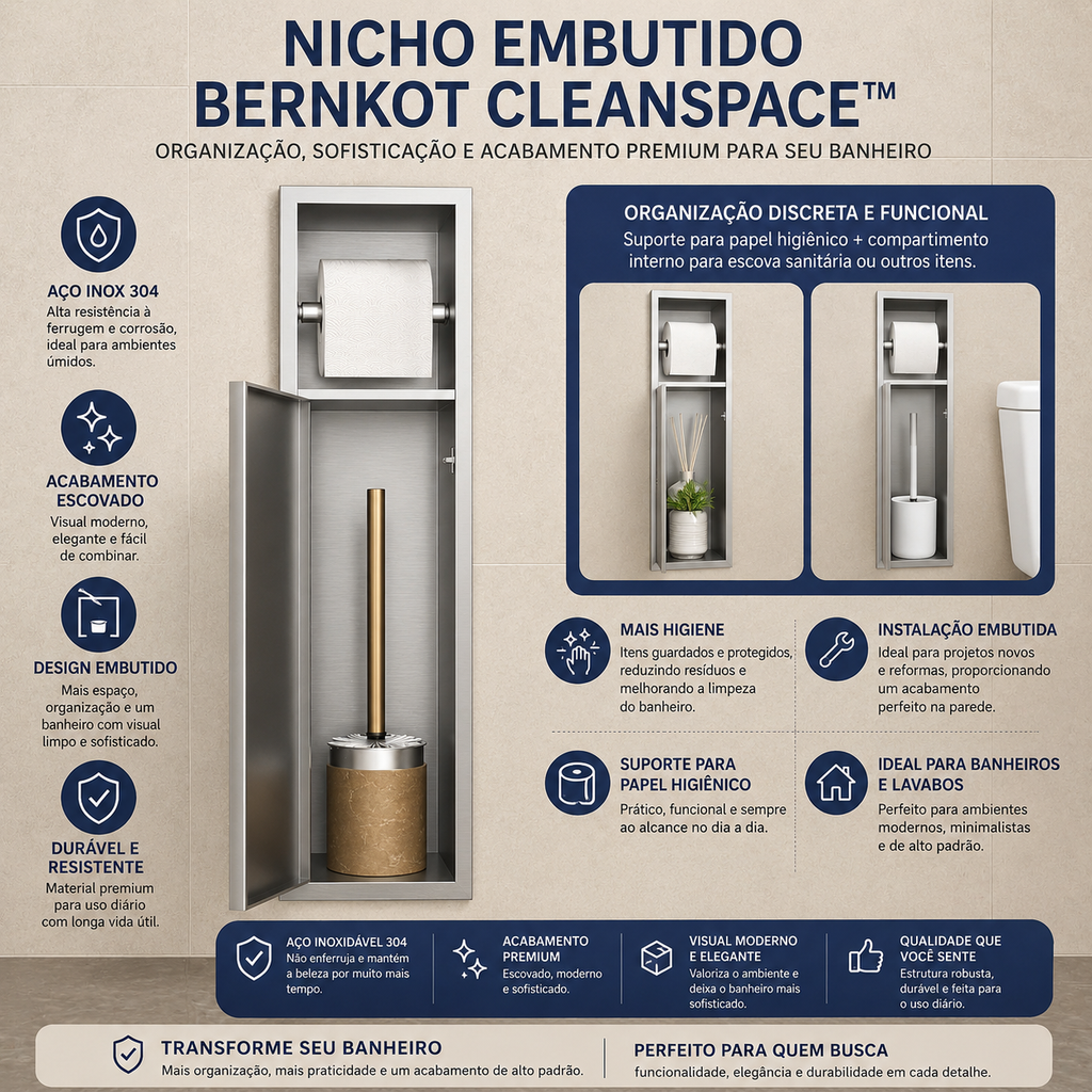 Nicho CleanSpace™ | Suporte de Papel Higiênico com Compartimento em Aço Inox